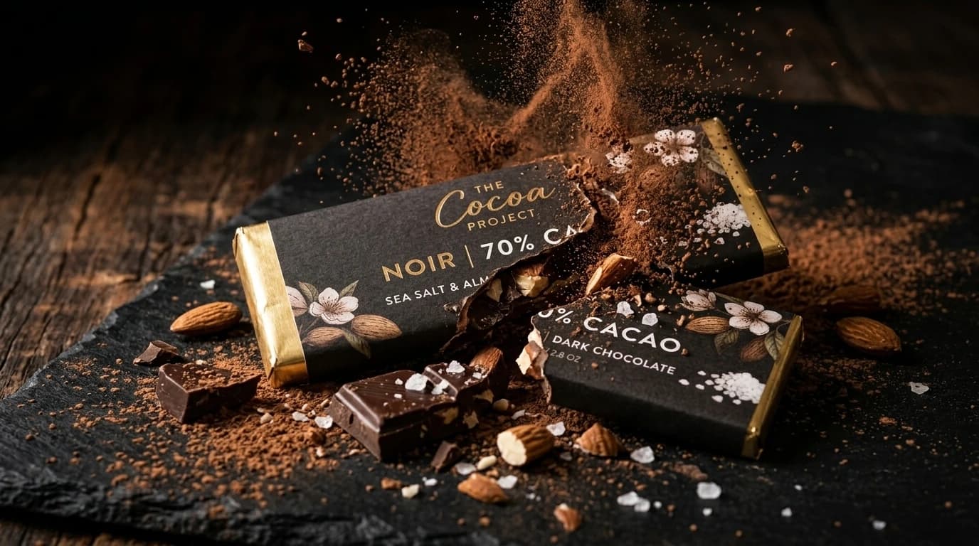 Cinematic chocolate bar product photo with cocoa powder exploding mid-air, almonds, and broken chocolate pieces on dark slate.