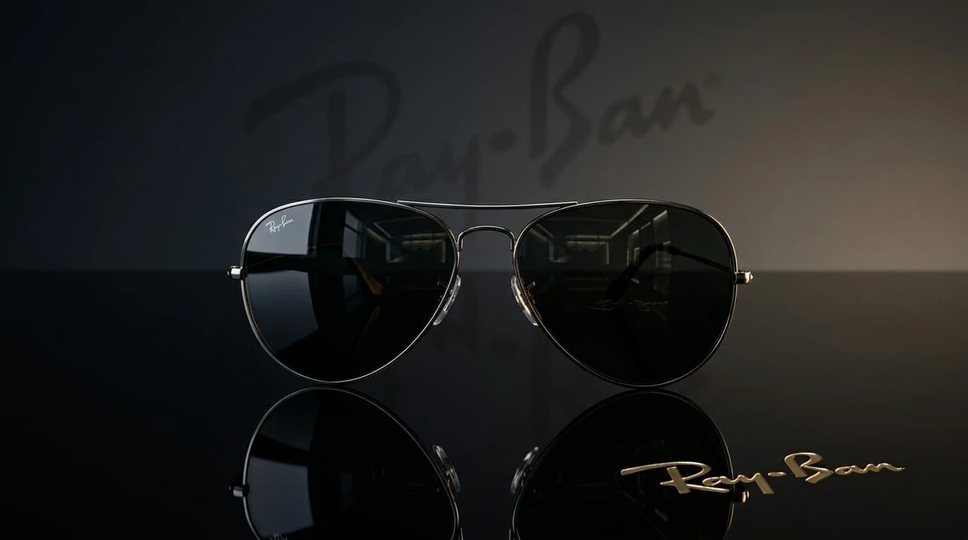 Luxury eyewear campaign hero of Ray-Ban Aviator sunglasses on a glossy black reflective surface with the brand logo etched in the background.