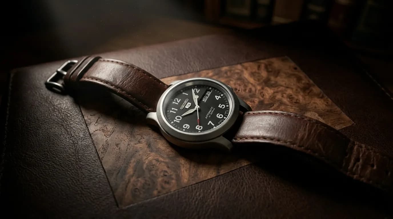Cinematic catalog shot of a Seiko wristwatch on burl wood and a leather portfolio, lit with dramatic moody side lighting.